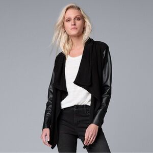 NWT $64 Simply Vera Wang Open Front Cardigan Faux Leather Sleeve Trim Sz M